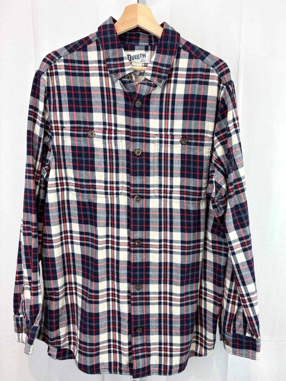 DULUTH Trading L Free Swingin Slim Fit Flannel Shirt Button Down Blue White Red